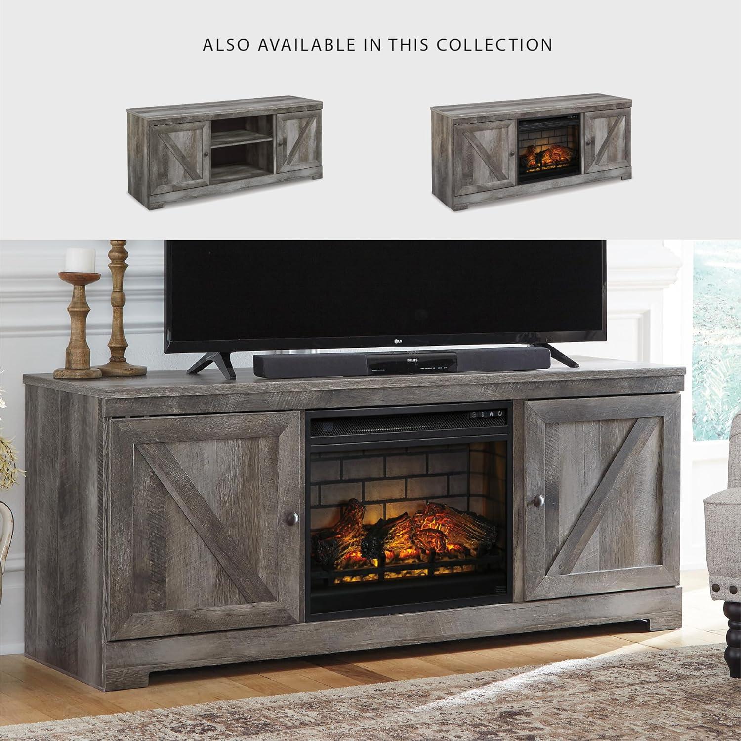 imageSignature Design by Ashley Wynnlow Farmhouse 63 TV Stand for TVs up to 72 with Electric Fireplace and Timer Function Light Gray