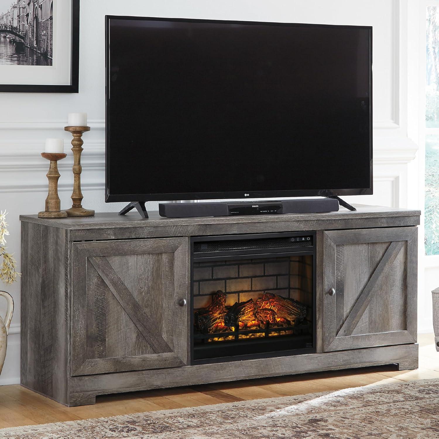 imageSignature Design by Ashley Wynnlow Farmhouse 63 TV Stand for TVs up to 72 with Electric Fireplace and Timer Function Light Gray