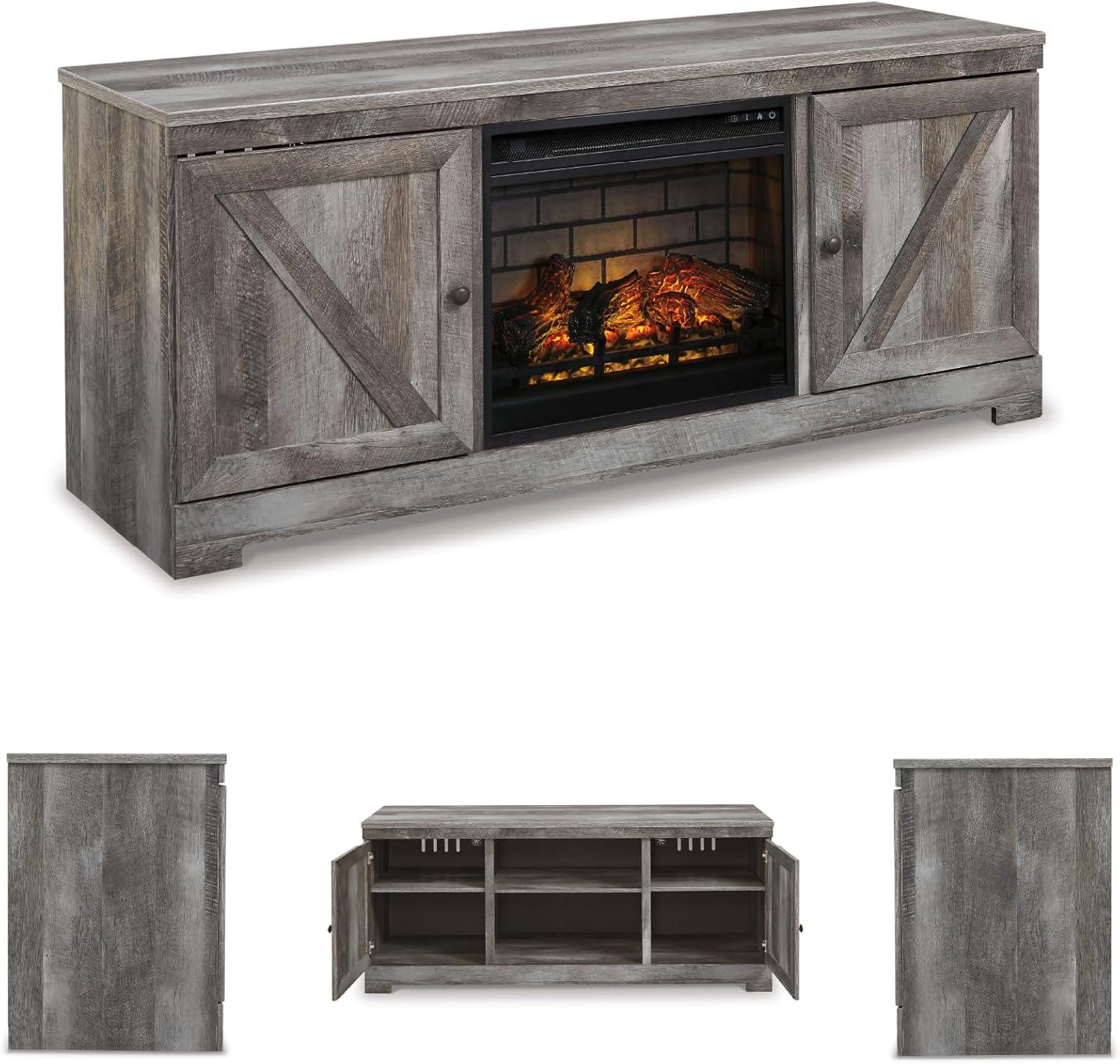 imageSignature Design by Ashley Wynnlow Farmhouse 63 TV Stand for TVs up to 72 with Electric Fireplace and Timer Function Light Gray