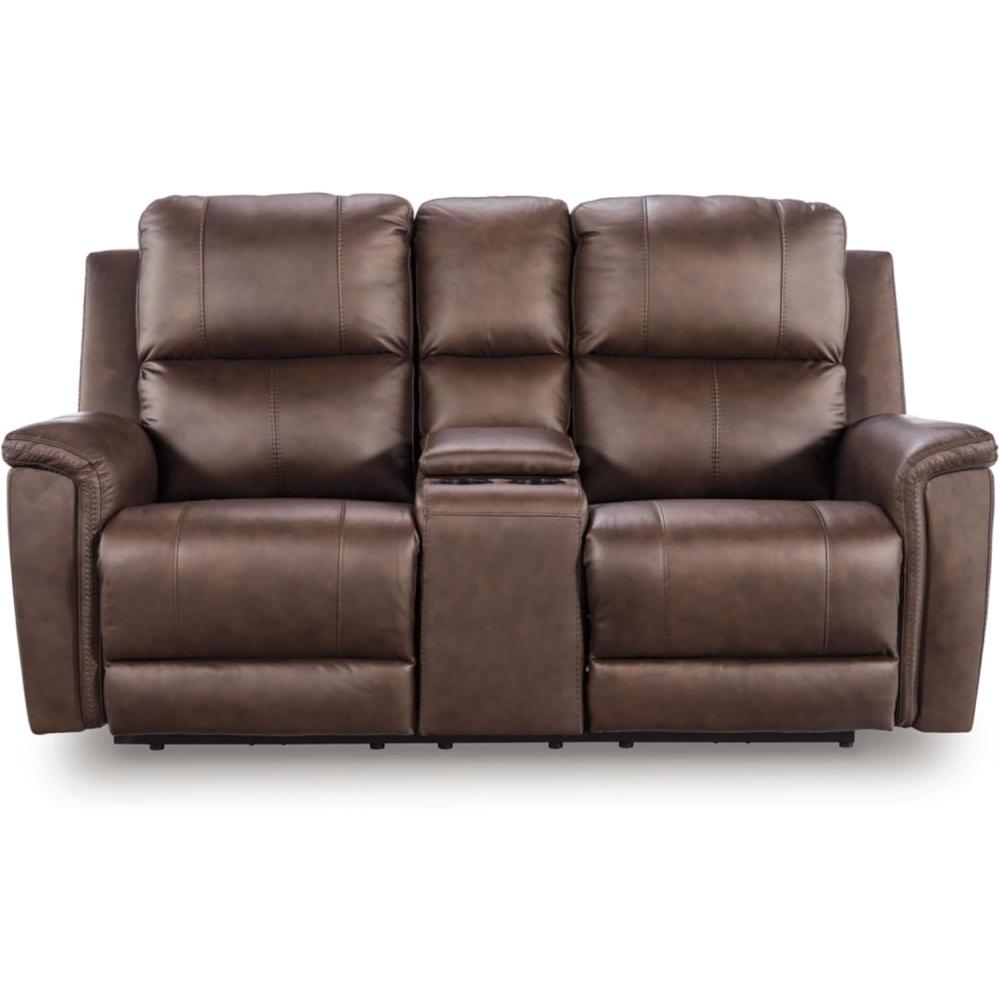 imageSignature Design by Ashley Beryton Power Reclining Sofa with Adjustable Headrest USBA amp USBC Charging OneTouch Reclining Leather 85 W x 41 D x 43 H BrownPower Reclining Loveseat with Console