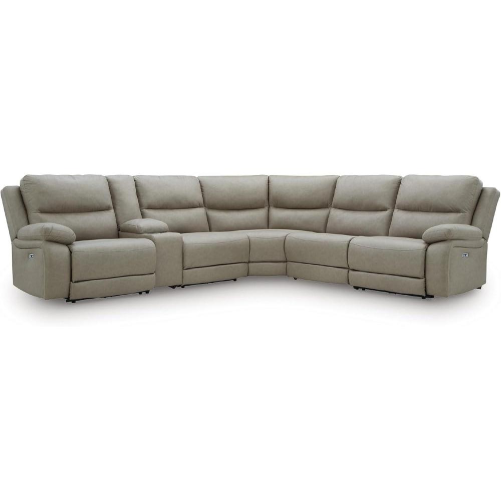 imageSignature Design by Ashley Brannigan LShape Symmetrical Contemporary Faux Leather 5Piece Power Reclining Sectional with USB Port and Adjustable Headrest Light Gray6Piece Reclining Sectional with Storage Console