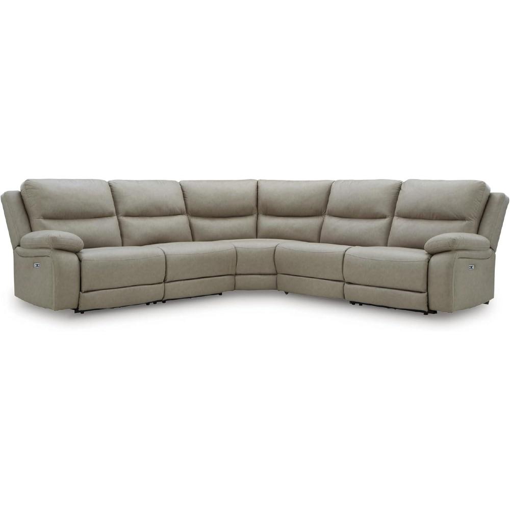 imageSignature Design by Ashley Brannigan LShape Symmetrical Contemporary Faux Leather 5Piece Power Reclining Sectional with USB Port and Adjustable Headrest Light Gray5Piece Power Reclining Sectional