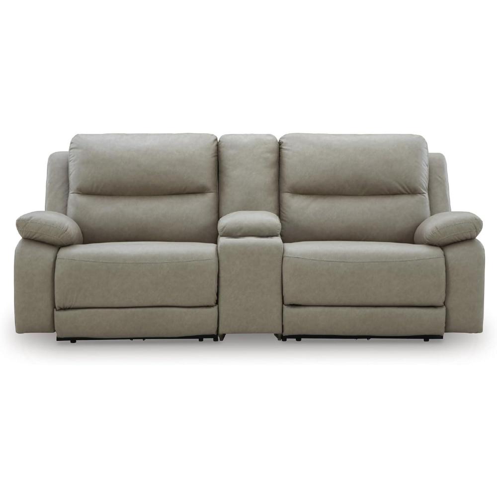 imageSignature Design by Ashley Brannigan LShape Symmetrical Contemporary Faux Leather 5Piece Power Reclining Sectional with USB Port and Adjustable Headrest Light Gray3Piece Power Reclining Sectional with Console