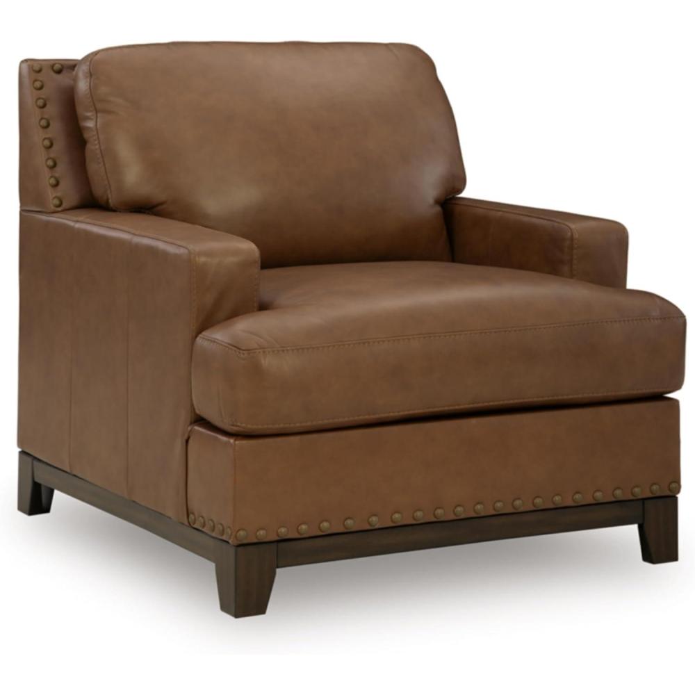 imageSignature Design by Ashley Brendola Transitional Leather Match Loveseat with Loose Seat Cushions and Nailhead Trim Light BrownChair