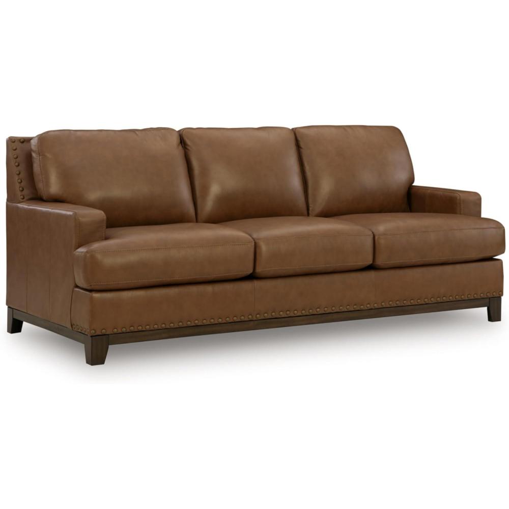 imageSignature Design by Ashley Brendola Transitional Leather Match Loveseat with Loose Seat Cushions and Nailhead Trim Light BrownSofa