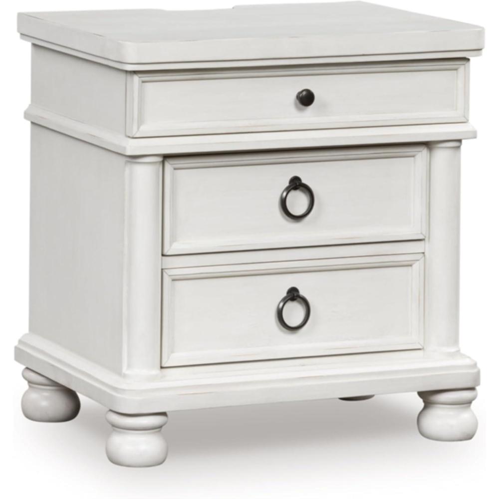 imageSignature Design by Ashley Chadworth Traditional Nightstand with 3 Drawers USBA and USBC Charging Metal Knobs Wood 27 W x 1813 D x 2738 H BrownAntique White
