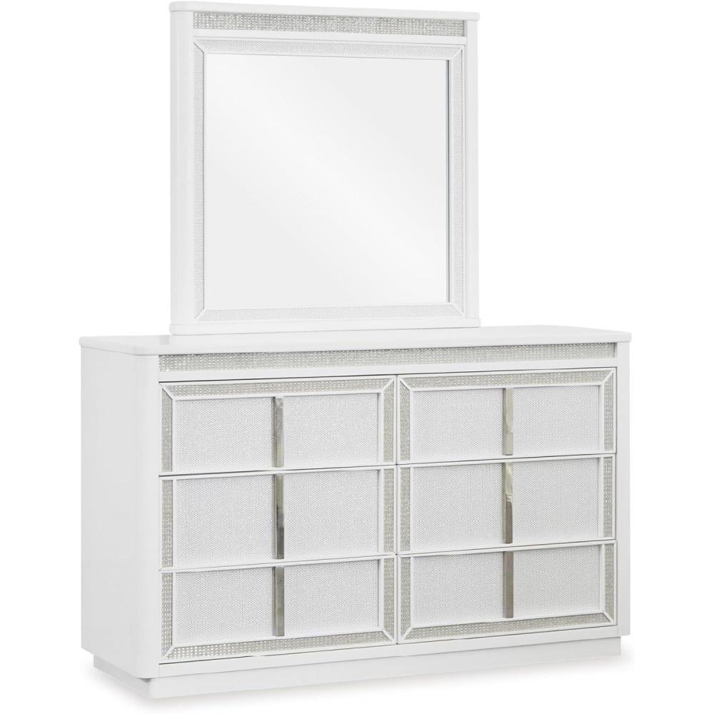 imageSignature Design by Ashley Chalanna Glam 6Drawer Dresser and Mirror with FeltLined Top Drawers LED Lighting and Safety Stop WhiteGlam