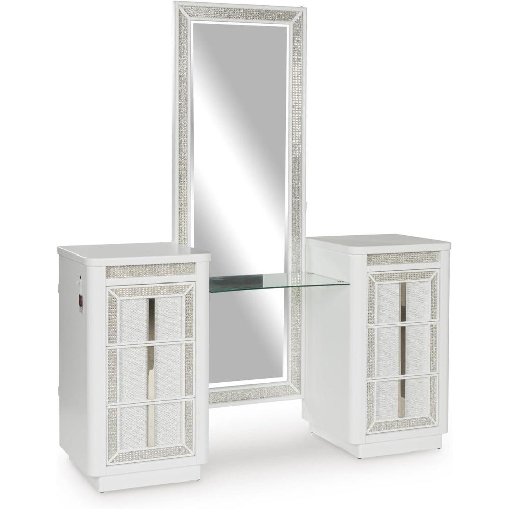 imageSignature Design by Ashley Chalanna Glam 6Drawer Dresser and Mirror with FeltLined Top Drawers LED Lighting and Safety Stop WhiteModern