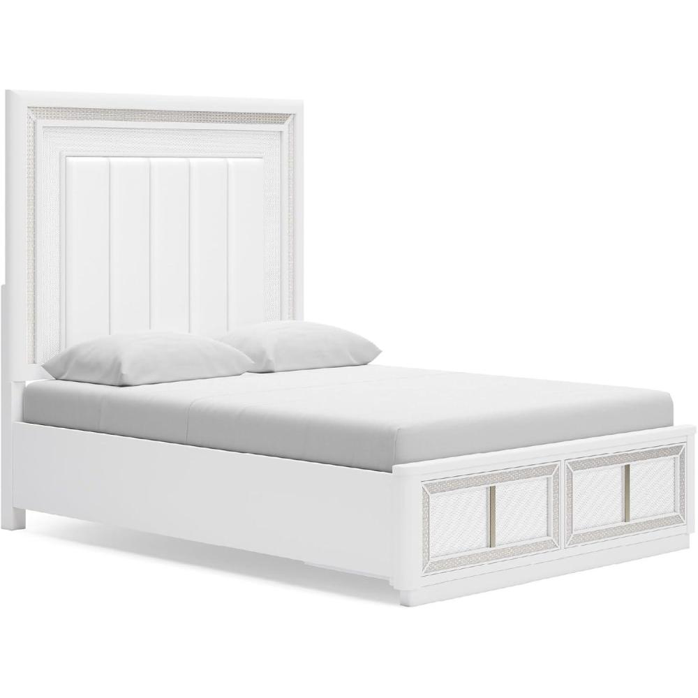 imageSignature Design by Ashley Chalanna Glam 6Drawer Dresser and Mirror with FeltLined Top Drawers LED Lighting and Safety Stop WhiteQueen Upholstered Storage Bed