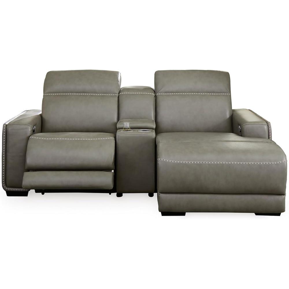imageSignature Design by Ashley Correze Contemporary Leather Match 3Piece Power Reclining Sectional Loveseat with Adjustable Headrest USB Ports Console Storage and 2 Cup Holders Light Gray3Piece Power Reclining Sectional with Chaise