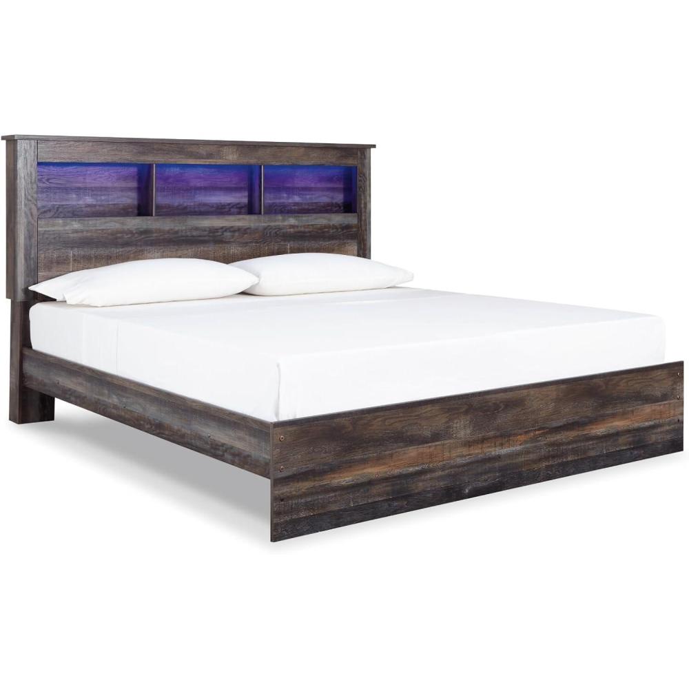imageSignature Design by Ashley Drystan Rustic Queen Bookcase Bed with 2 Storage Drawers and LED Light Foundation or Box Spring Needed Dark Brown amp GrayKing