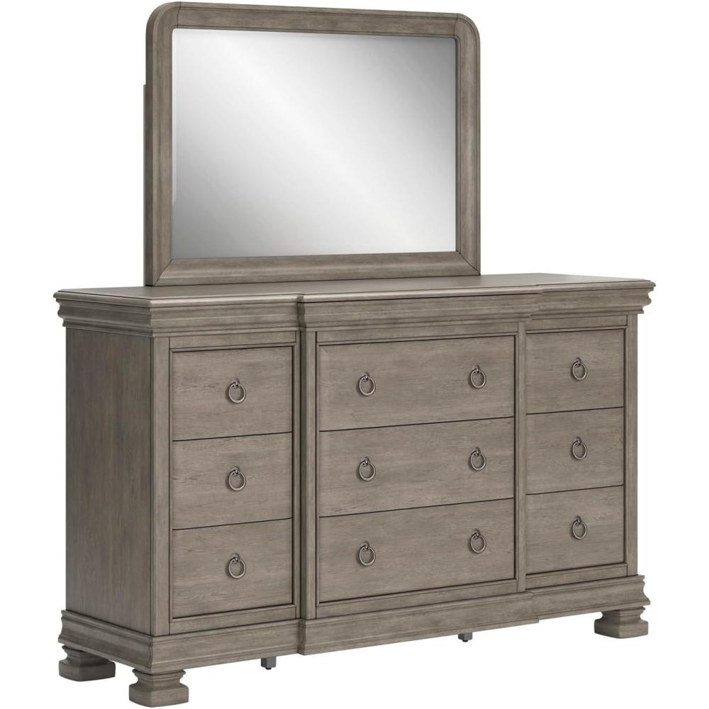 imageSignature Design by Ashley Lexorne Traditional King Sleigh Bed Foundation or Box Spring Needed Light GrayDresser and Mirror