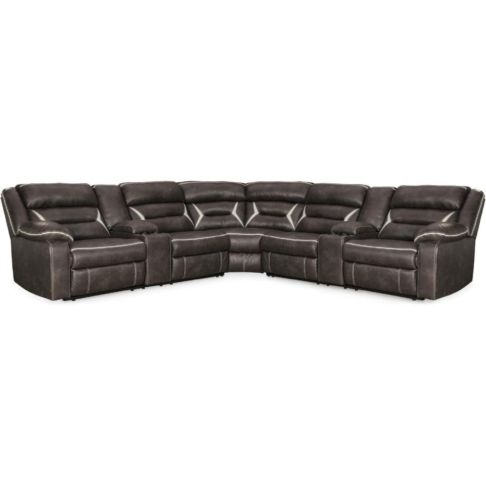 imageSignature Design by Ashley Modern Kincord LShape Symmetrical Faux Leather 3Piece Power Reclining Sectional with Cup Holder and USB Charging Ports Dark BrownSymmetrical