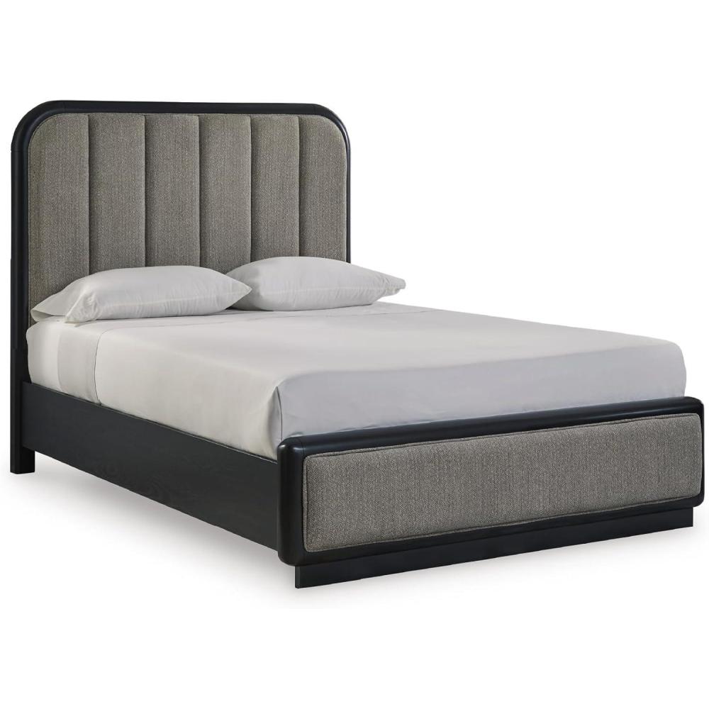 imageSignature Design by Ashley Rowanbeck Contemporary 7Drawer Dresser and Mirror with FeltLined Top Drawers and Safety Stop BlackQueen Upholstered Panel Bed