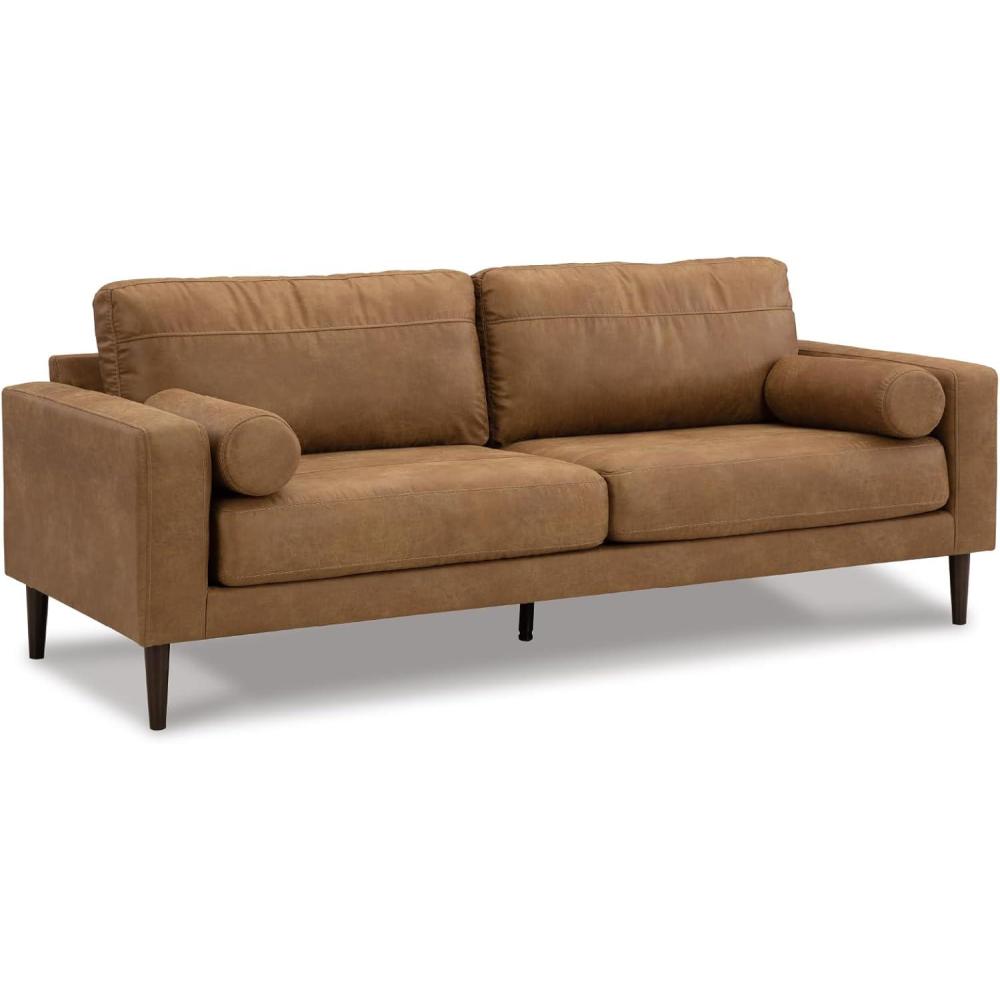 imageSignature Design by Ashley Telora Faux Leather Sofa 2 Bolster Pillows Loose Cushions Faux Wood Finish Accent Legs 85 W x 35 D x 35 H Dark BrownDark Brown