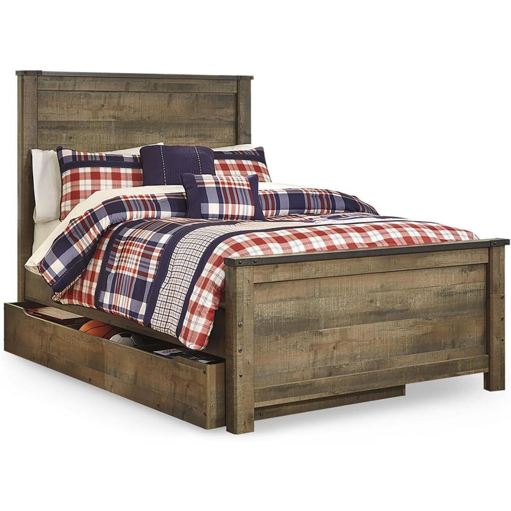 imageSignature Design by Ashley Trinell Rustic Bookcase Bed with Storage and Nailhead Accents Foundation or Box Spring Not Needed Full Dark BrownFull Panel Bed with 1 Large Storage Drawer
