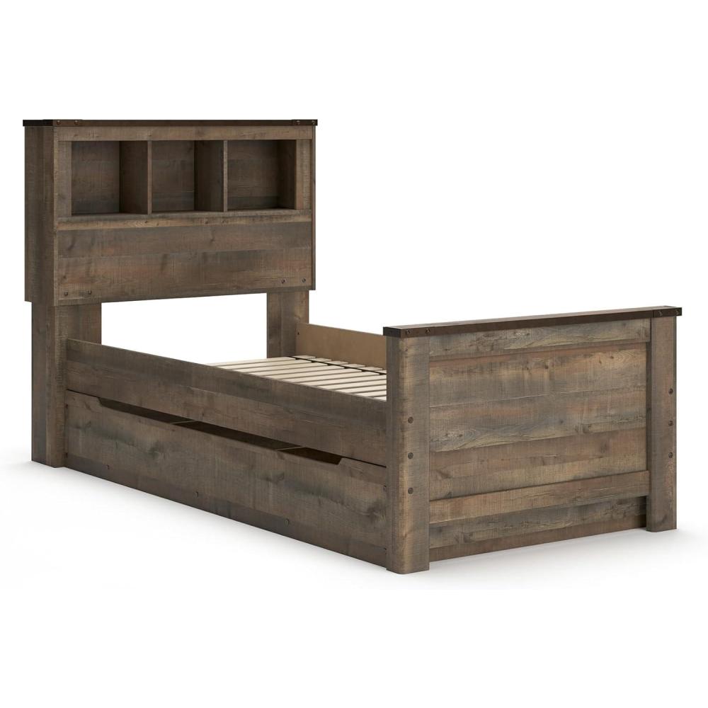imageSignature Design by Ashley Trinell Rustic Bookcase Bed with Storage and Nailhead Accents Foundation or Box Spring Not Needed Full Dark BrownTwin Bookcase Bed with 1 Large Storage Drawer