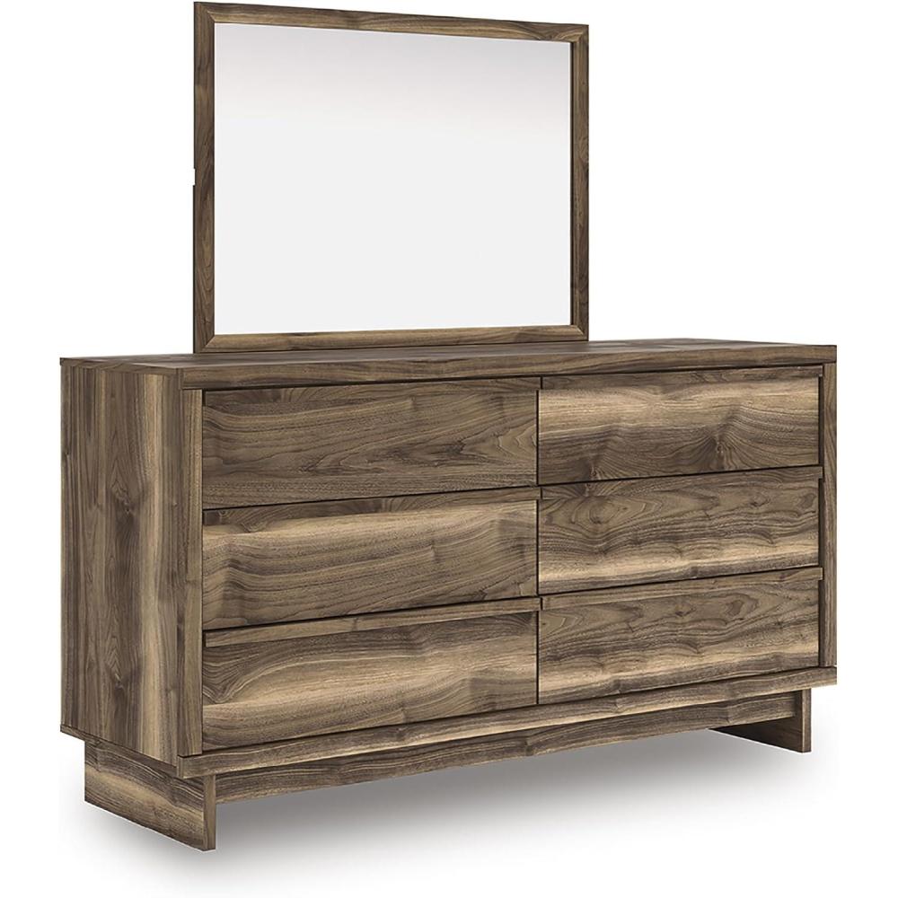 imageSignature Design by Ashley Zadilyn MidCentury Modern Panel Platform Bed with Storage Foundation or Box Spring Not Needed Twin Dark BrownLarge Dresser and Mirror