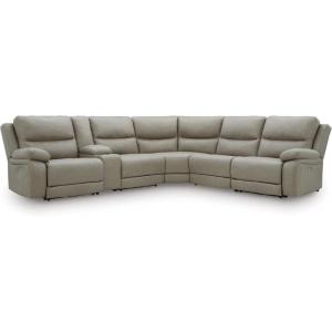 Signature Design by Ashley Brannigan L-Shape Symmetrical Contemporary Faux Leather 5-Piece Power Reclining Sectional with USB Port and Adjustable Headrest, Light Gray(6-Piece Reclining Sectional with Storage Console)