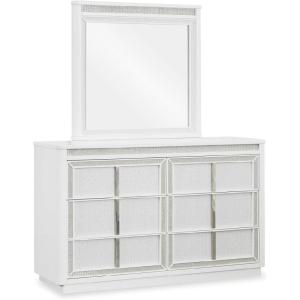 Signature Design by Ashley Chalanna Glam 6-Drawer Dresser and Mirror with Felt-Lined Top Drawers, LED Lighting and Safety Stop, White(Glam)