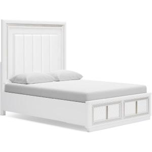 Signature Design by Ashley Chalanna Glam 6-Drawer Dresser and Mirror with Felt-Lined Top Drawers, LED Lighting and Safety Stop, White(Queen Upholstered Storage Bed)