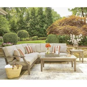 Signature Design by Ashley Clare View Symmetrical Contemporary 3-Piece Outdoor Sectional with Cushion and 6 Throw Pillows, Beige(Beige)