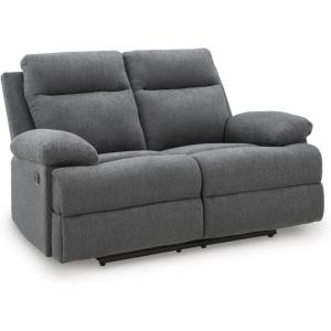 Signature Design by Ashley First Base Contemporary Faux Leather Manual Reclining Loveseat, Gray(Charcoal)