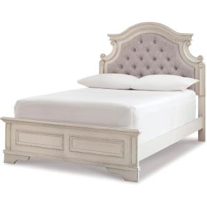 Signature Design by Ashley Realyn Traditional Queen Upholstered Sleigh Bed, Foundation or Box Spring Needed, White & Gray(Full)