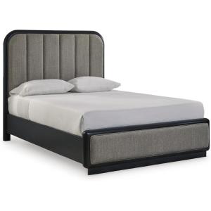 Signature Design by Ashley Rowanbeck Contemporary 7-Drawer Dresser and Mirror with Felt-Lined Top Drawers and Safety Stop, Black(Queen Upholstered Panel Bed)