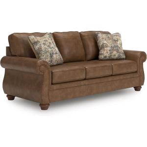 Signature Design by Ashley Shadsburne Rustic Faux Leather Sofa Sleeper with Bi-Fold Memory Foam Mattress, Nailhead Trim and 2 Throw Pillows, Queen, Brown(Brown)
