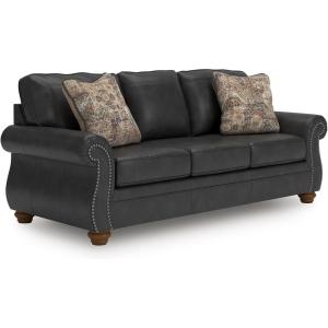 Signature Design by Ashley Shadsburne Rustic Faux Leather Sofa Sleeper with Bi-Fold Memory Foam Mattress, Nailhead Trim and 2 Throw Pillows, Queen, Brown(Grey)