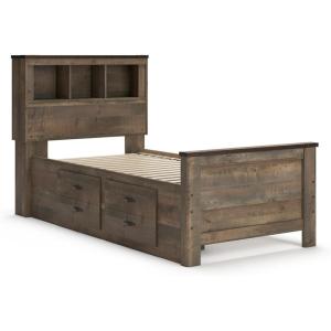 Signature Design by Ashley Trinell Rustic Bookcase Bed with Storage and Nailhead Accents, Foundation or Box Spring Not Needed, Full, Dark Brown(Twin Bookcase Bed with 2 Storage Drawers)