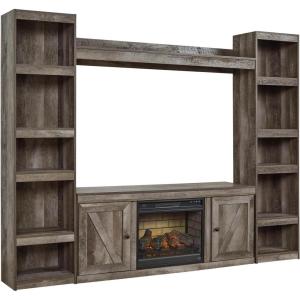 Signature Design by Ashley Wynnlow Farmhouse 4-Piece Entertainment Center for TVs up to 69″ with Electric Fireplace, Gray