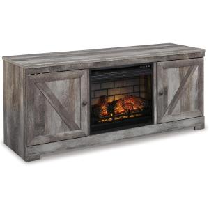 Signature Design by Ashley Wynnlow Farmhouse 63″ TV Stand for TVs up to 72″ with Electric Fireplace and Timer Function, Light Gray