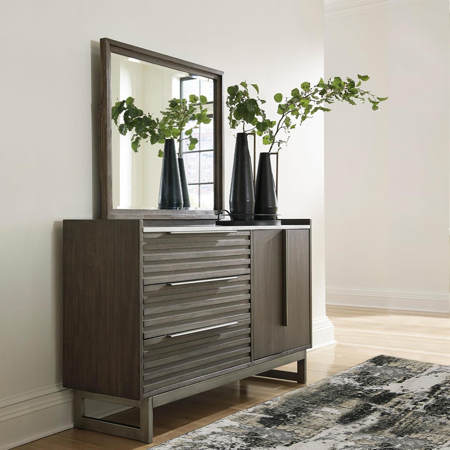 imageSignature Design by Ashley Arkenton Contemporary King Panel Bed with Dual USB Charging Ports Foundation or Box Spring Needed Dark BrownDresser and Mirror