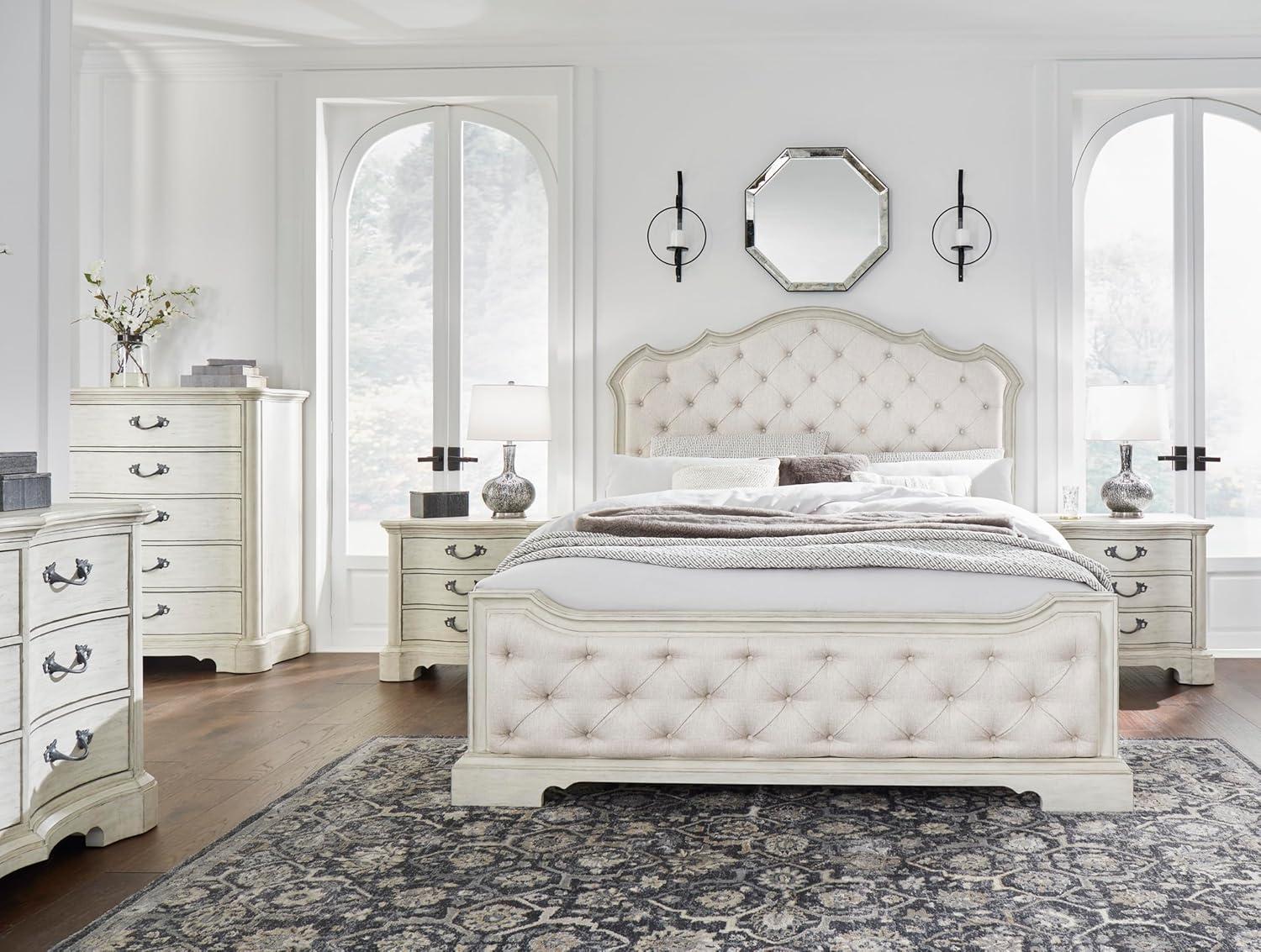 imageSignature Design by Ashley Arlendyne French Country Tufted California King Upholstered Bed Foundation or Box Spring Needed White5 Drawer Chest