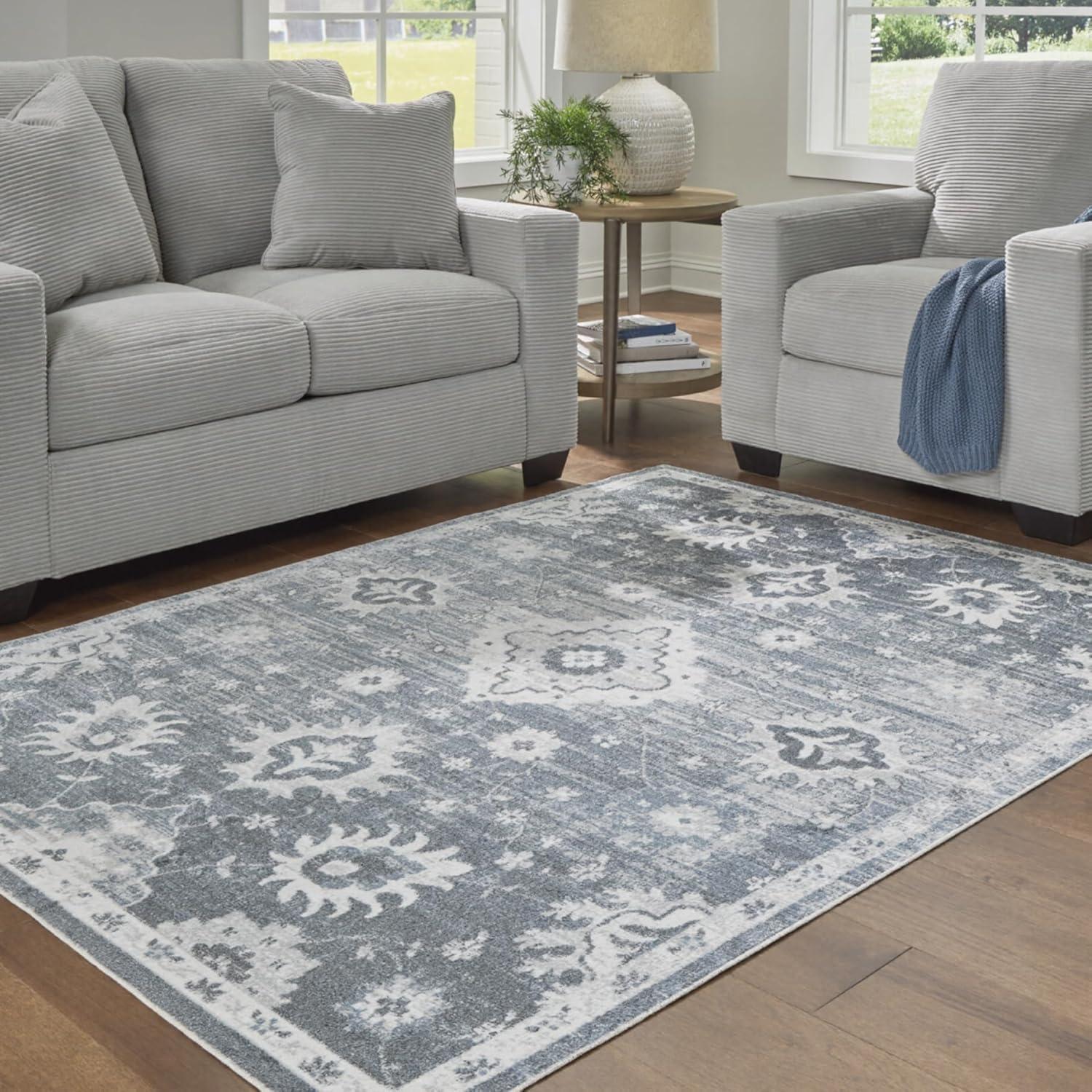 imageSignature Design by Ashley Avanworths Boho Indoor Floral Rectangular 5 x 7 Machine Washable Area Rug Blue amp Beige