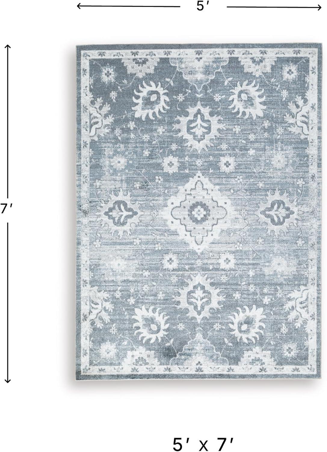 imageSignature Design by Ashley Avanworths Boho Indoor Floral Rectangular 5 x 7 Machine Washable Area Rug Blue amp Beige