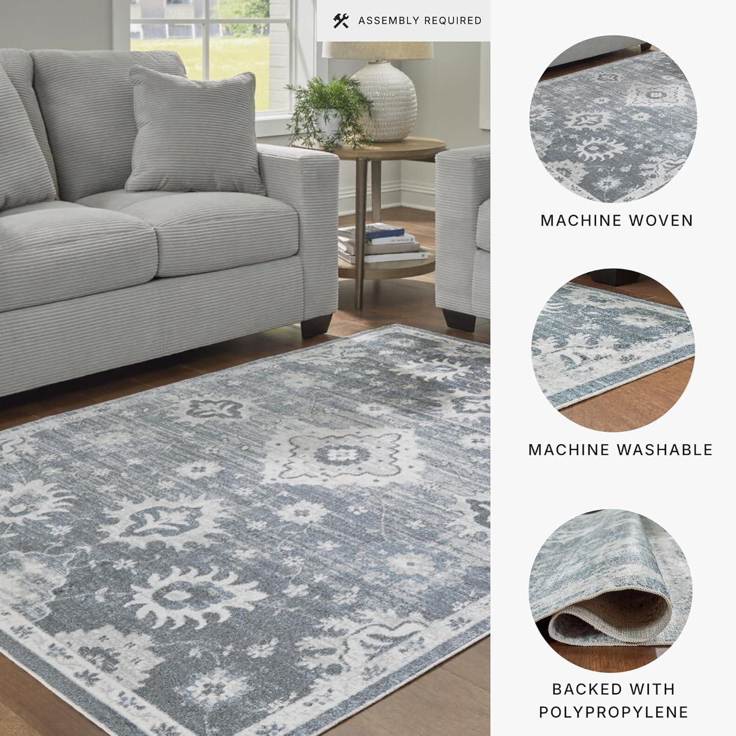 imageSignature Design by Ashley Avanworths Boho Indoor Floral Rectangular 8 x 10 Machine Washable Area Rug Blue amp Beige