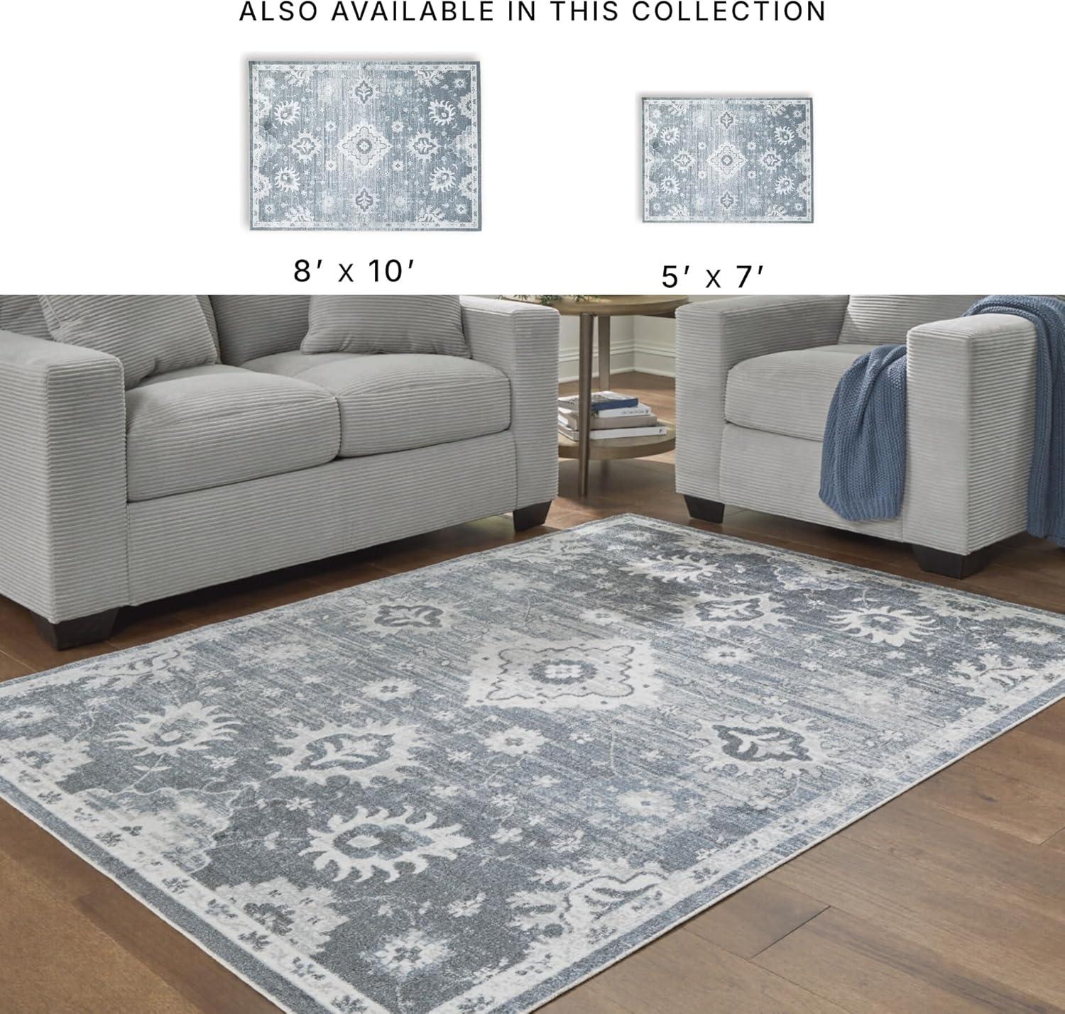 imageSignature Design by Ashley Avanworths Boho Indoor Floral Rectangular 8 x 10 Machine Washable Area Rug Blue amp Beige