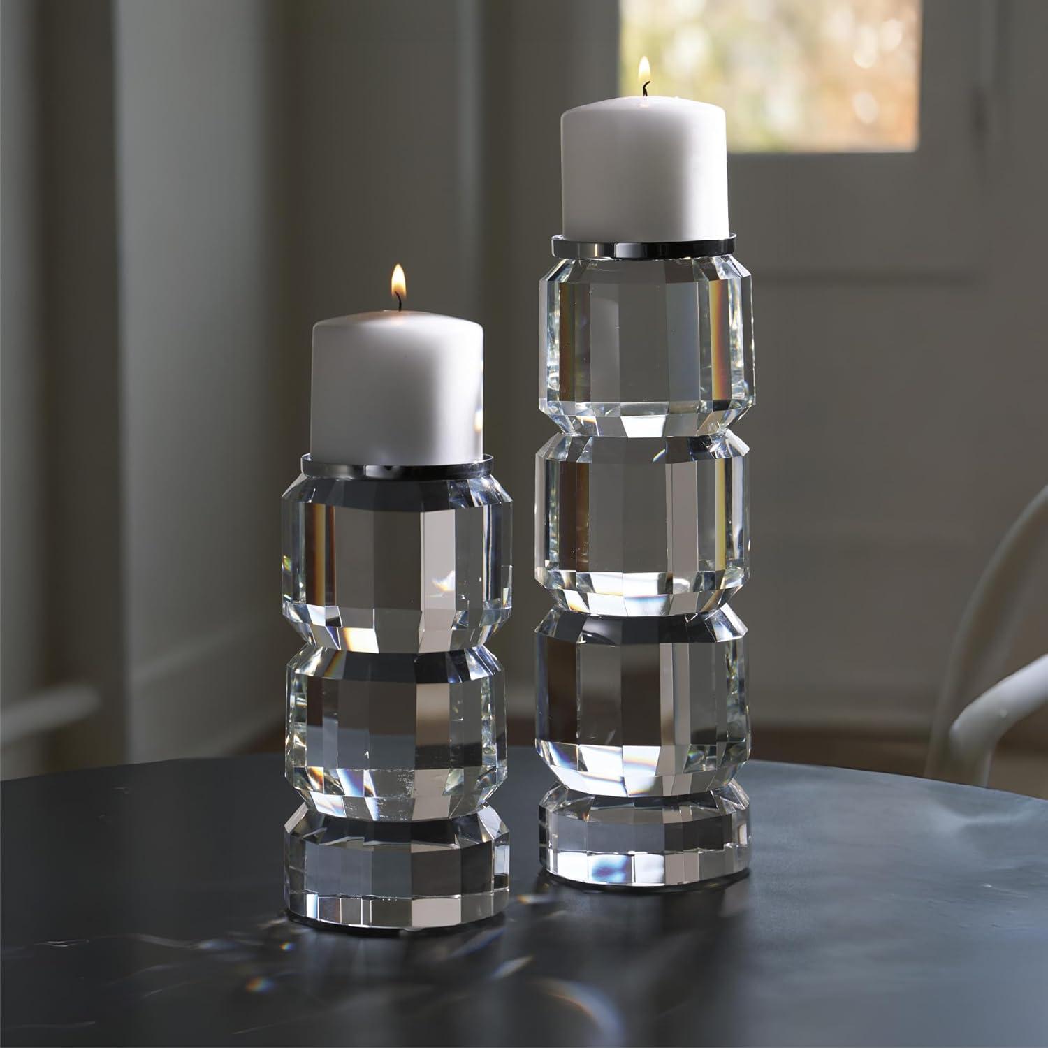 imageSignature Design by Ashley Brentley Contemporary Crystal and Metal Pillar Candle Holder Set Set of 2 Chrome