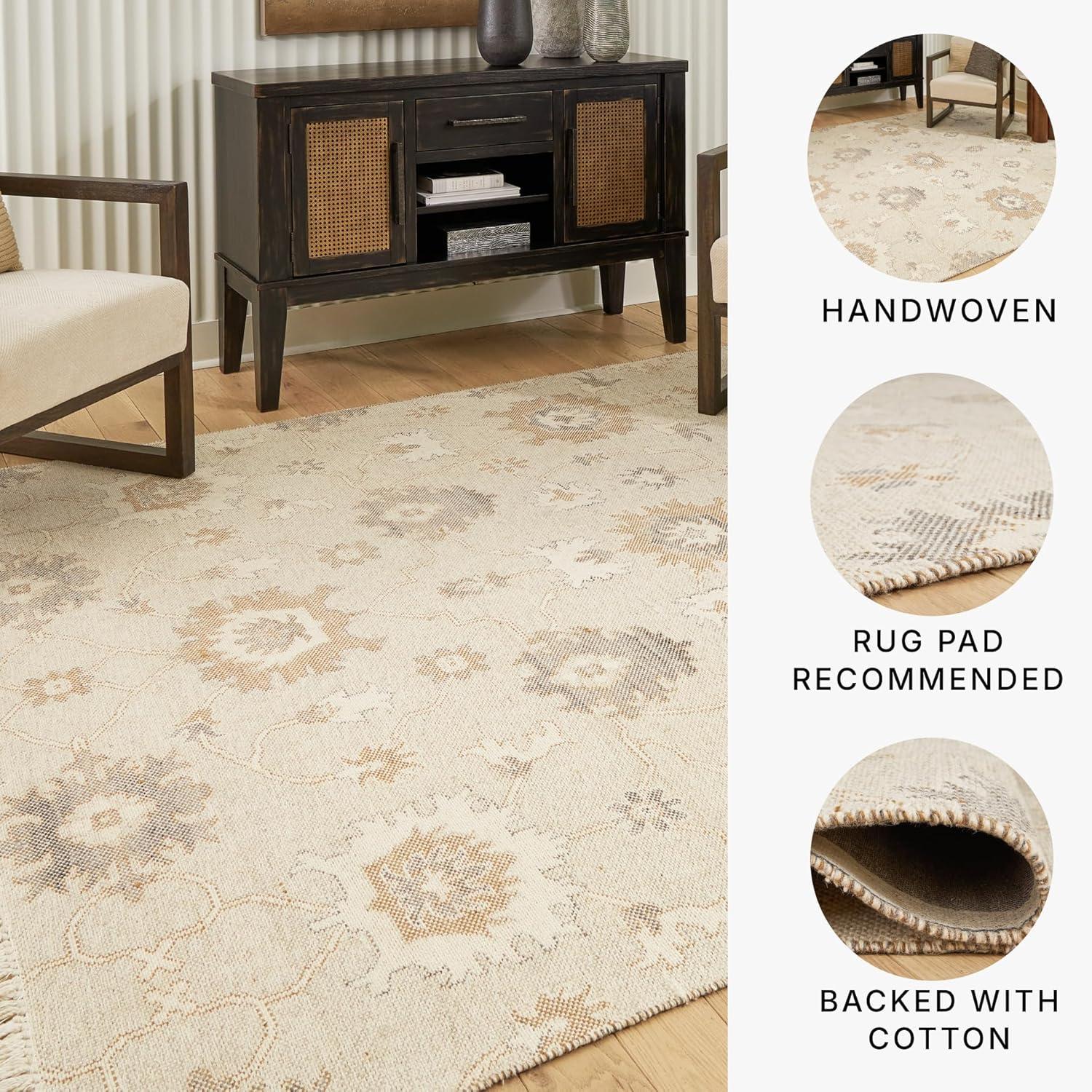 imageSignature Design by Ashley Calkin Vintage Indoor Floral Handmade Wool Blend 5 x 7 Rug with Fringe Design Beige amp Light Brown79 x 105 Rectangular