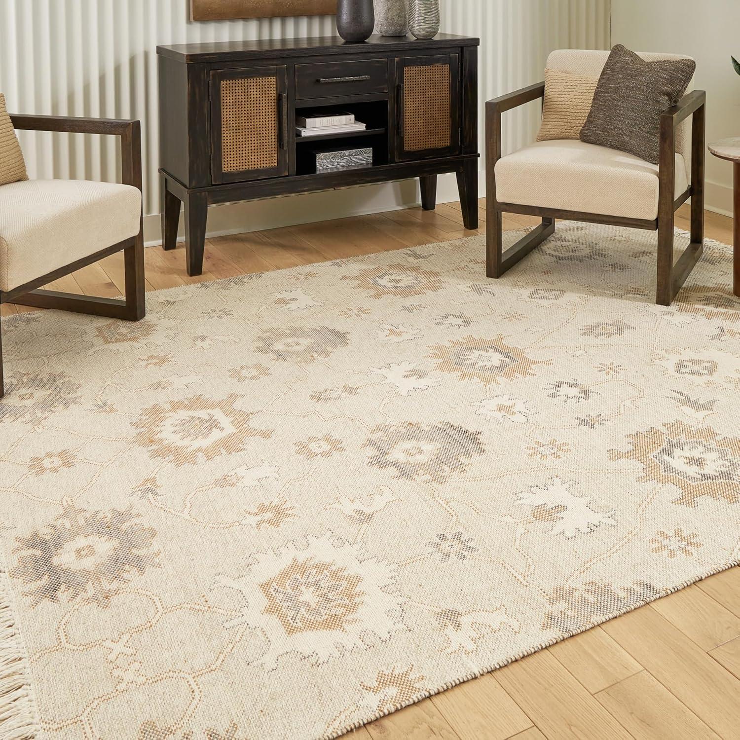 imageSignature Design by Ashley Calkin Vintage Indoor Floral Handmade Wool Blend 5 x 7 Rug with Fringe Design Beige amp Light Brown79 x 105 Rectangular