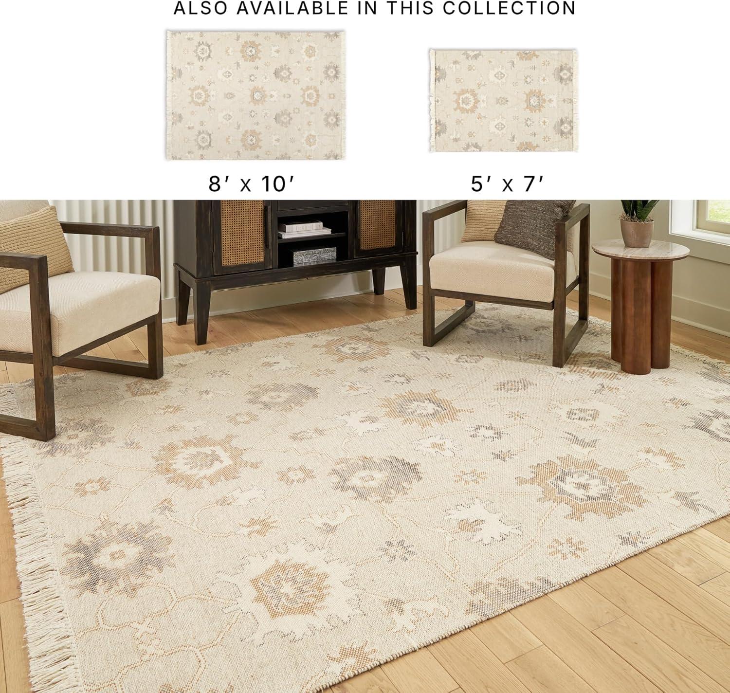 imageSignature Design by Ashley Calkin Vintage Indoor Floral Handmade Wool Blend 5 x 7 Rug with Fringe Design Beige amp Light Brown79 x 105 Rectangular