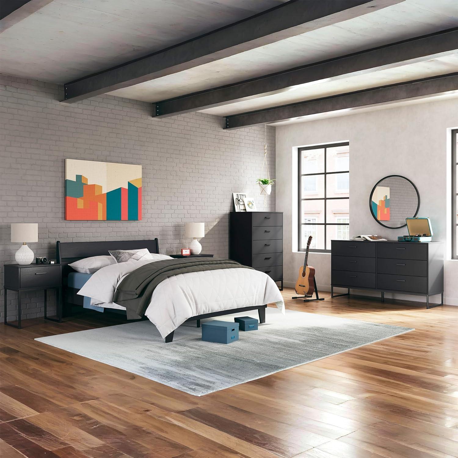 imageSignature Design by Ashley Calverson Modern Platform Bed Foundation or Box Spring Not Needed King Dark BrownBlack