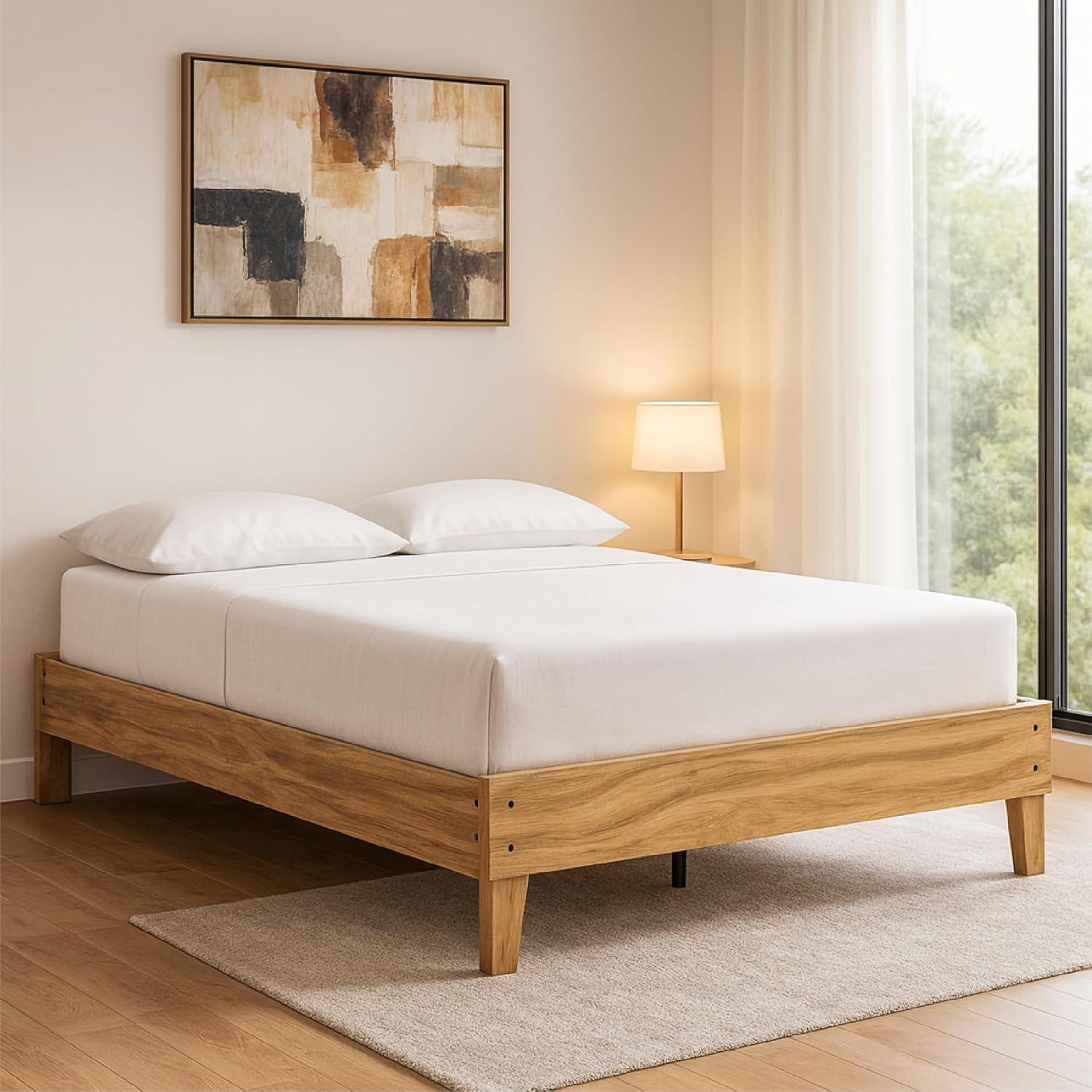 imageSignature Design by Ashley Calverson Modern Platform Bed Foundation or Box Spring Not Needed King Dark BrownLight Brown