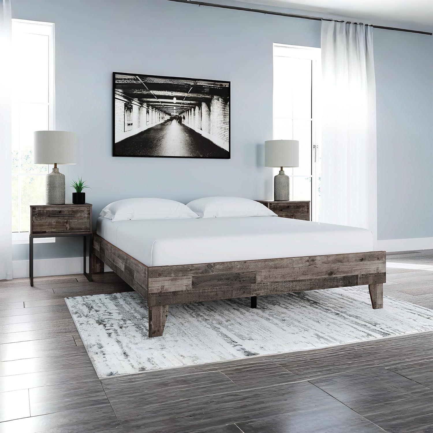 imageSignature Design by Ashley Calverson Modern Platform Bed Foundation or Box Spring Not Needed King Dark BrownRustic Gray