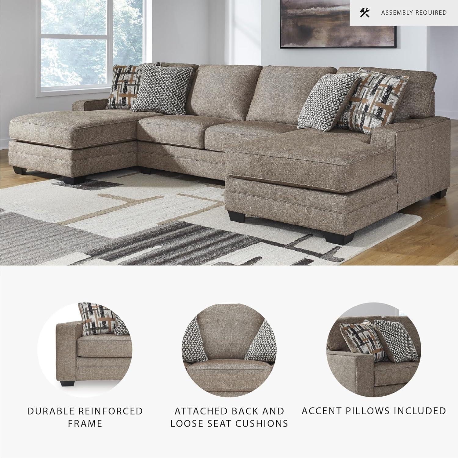 imageSignature Design by Ashley Cannonbrook Transitional UShaped RightArm Facing 3Piece Sectional with Chaise Loose Seat Cushions and 6 Accent Pillows Dark BrownSymmetrical