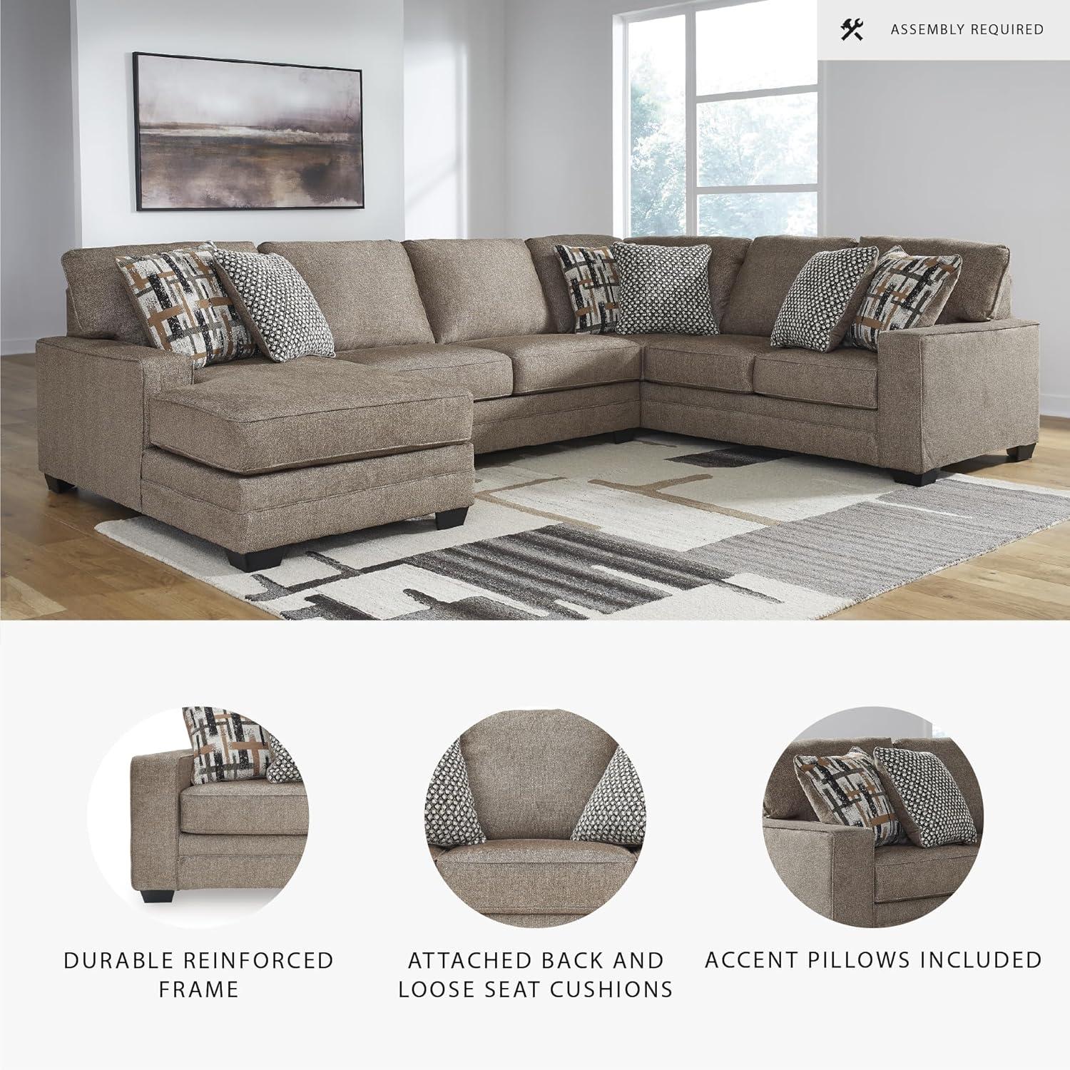 imageSignature Design by Ashley Cannonbrook Transitional UShaped RightArm Facing 3Piece Sectional with Chaise Loose Seat Cushions and 6 Accent Pillows Dark BrownLeft Hand Facing