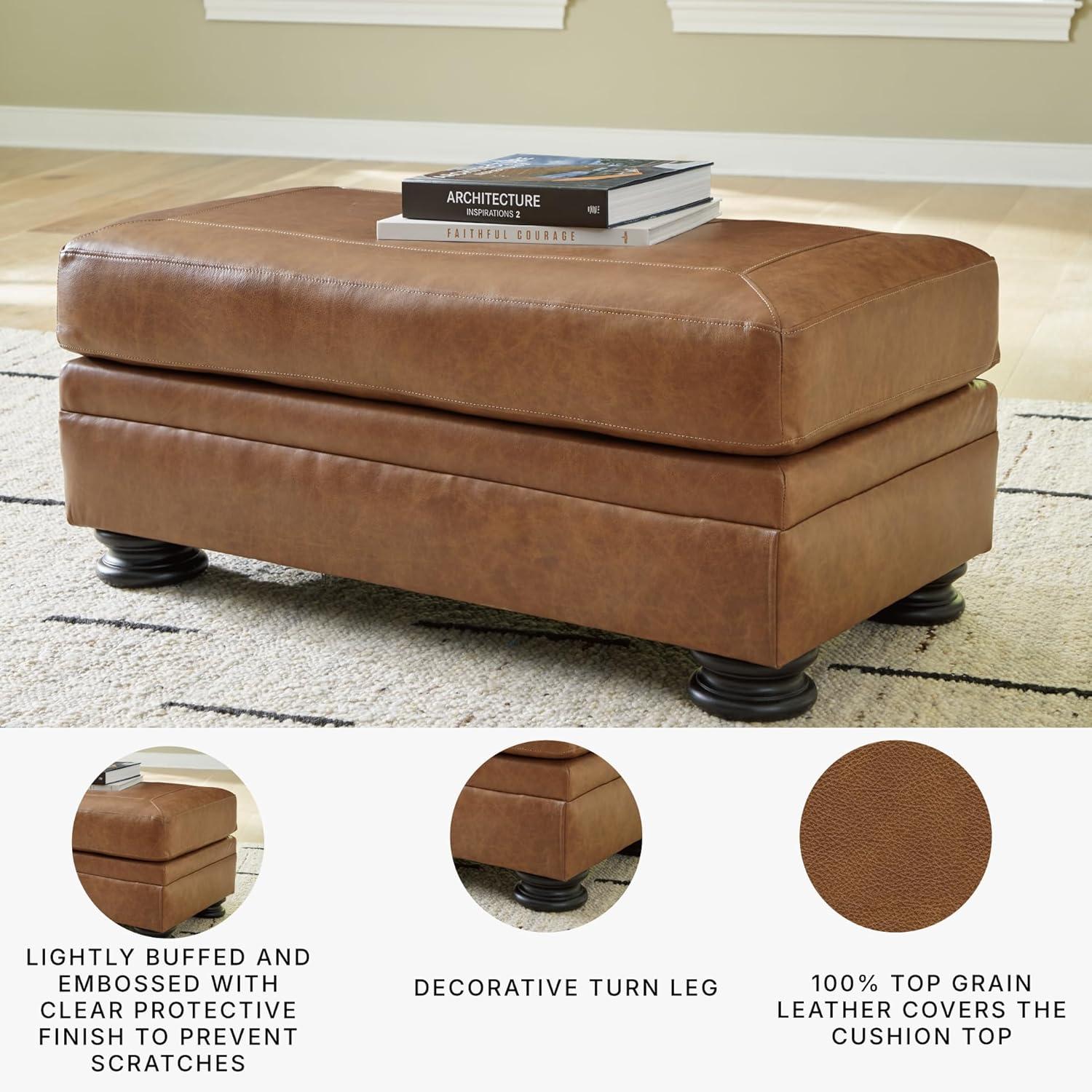 imageSignature Design by Ashley Carianna Traditional Firmly Cushioned Leather Rectangular Ottoman with Decorative Turn Legs Brown